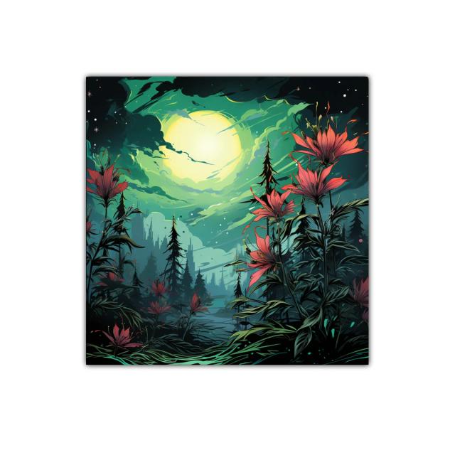 Flores rojas bajo la luna llena en paisaje nocturno encantado