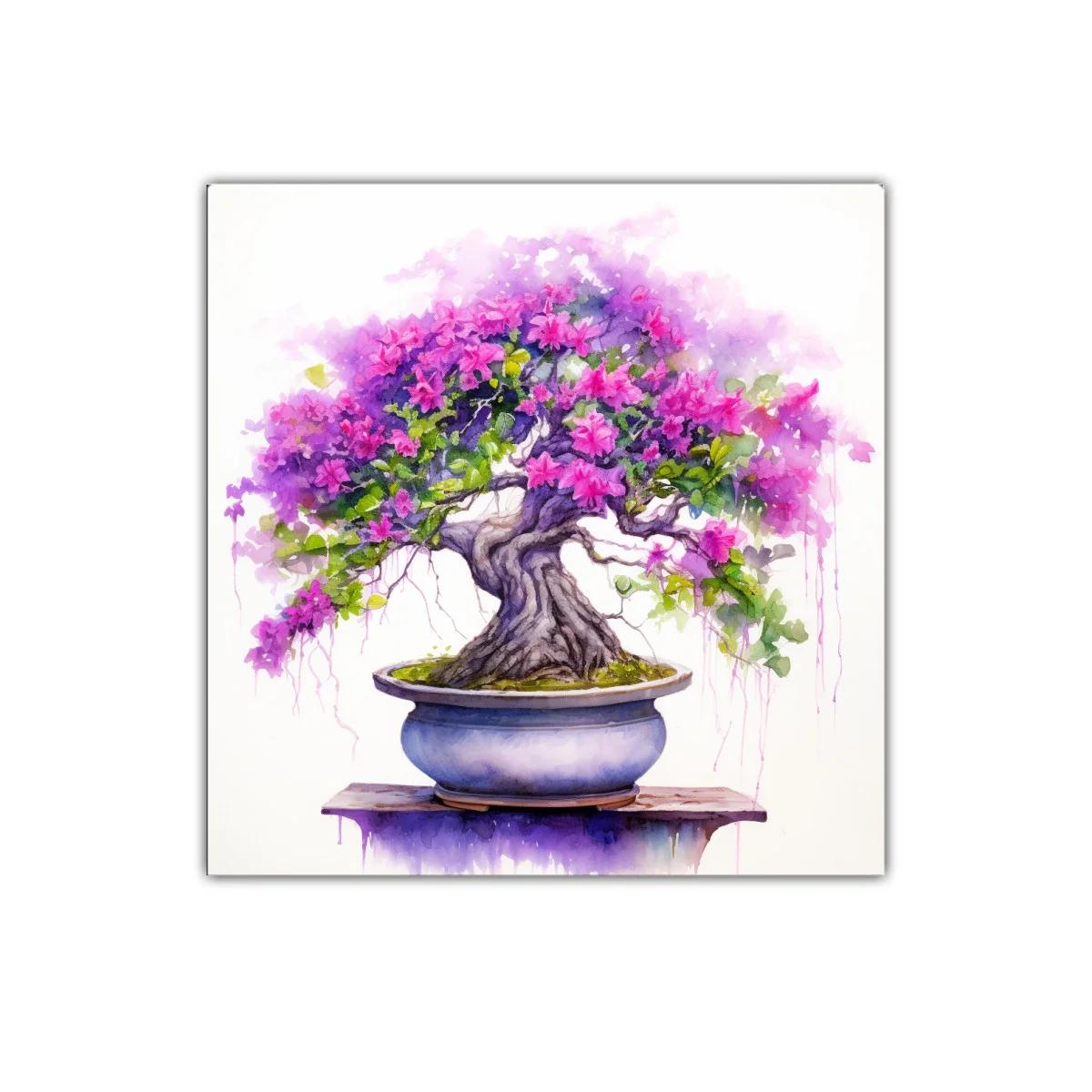 Cuadro decorativo con bonsái florido en tonos violetas y rosas — miniatura 1