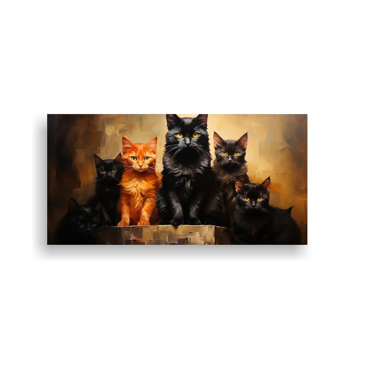 Cuadro grupo de gatos con un gato naranja y contraste oscuro