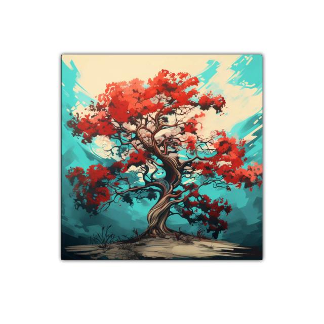 Árbol de vida con follaje rojo vibrante sobre fondo azul