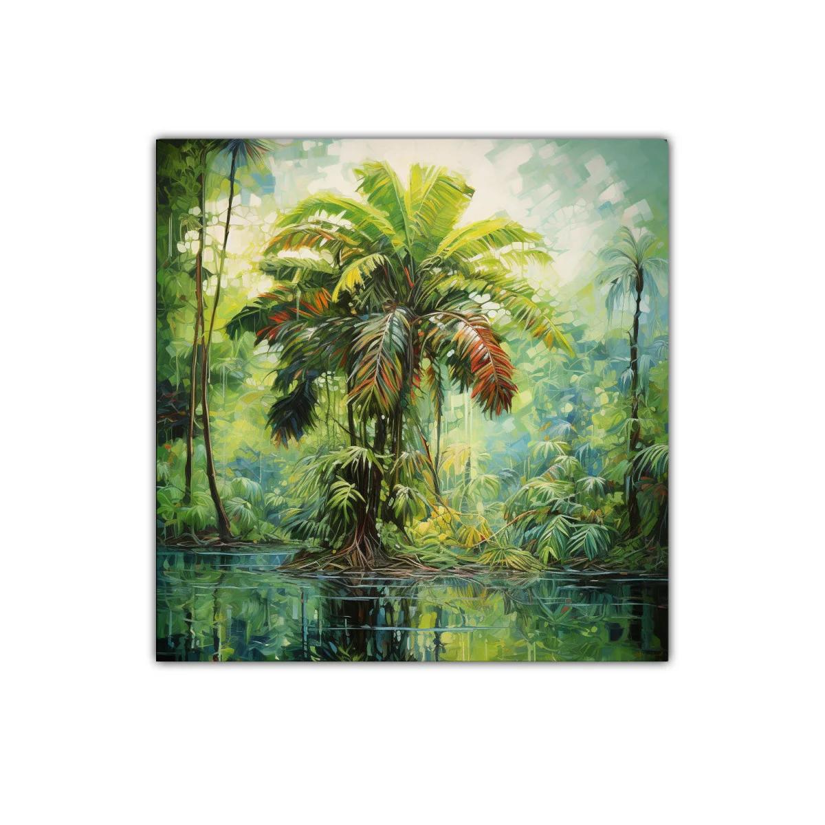 Exuberante paisaje tropical con palmera vibrante y reflejos