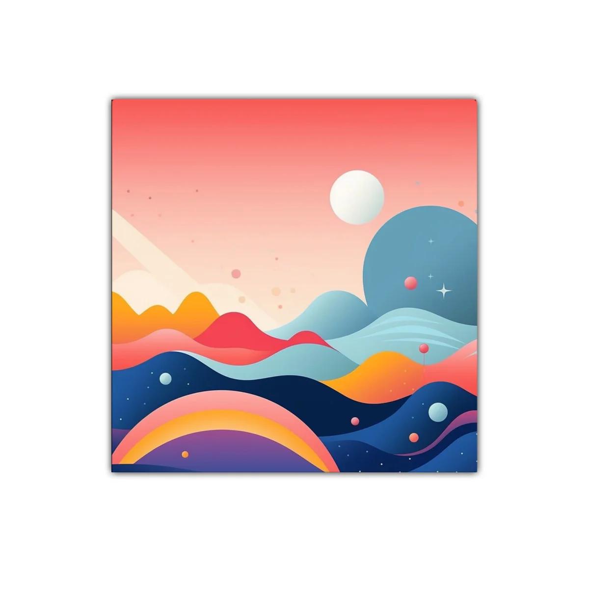 Cuadro abstracto con montañas y planetas en tonos vibrantes