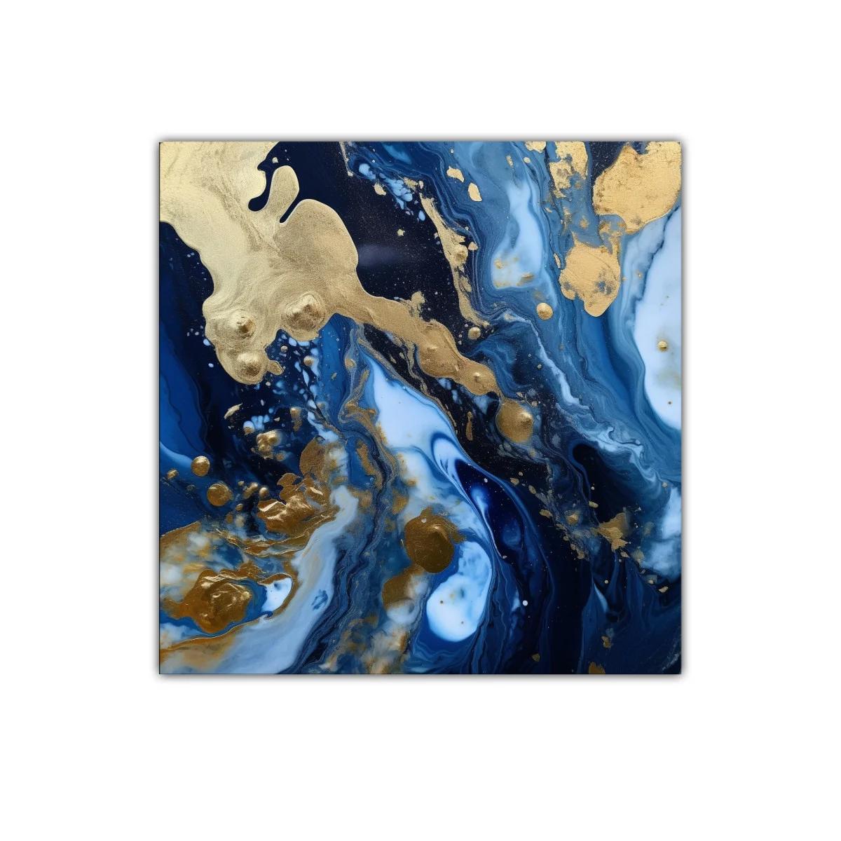 Cuadro abstracto con tonos azul oscuro y dorado elegante