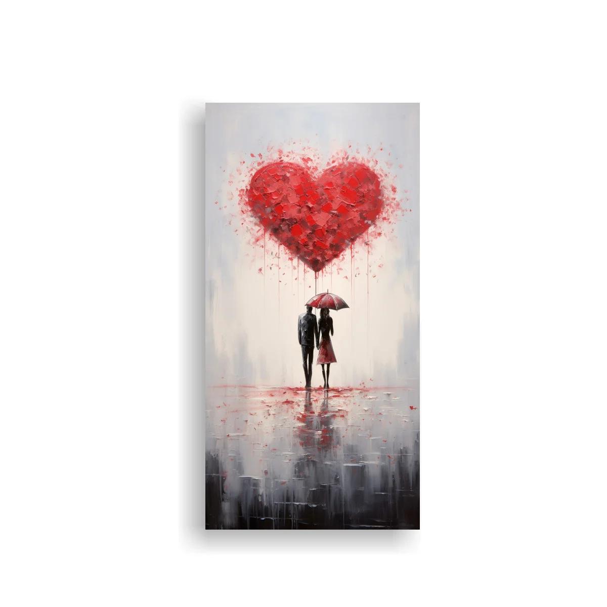 Cuadro corazón rojo con pareja bajo paraguas
