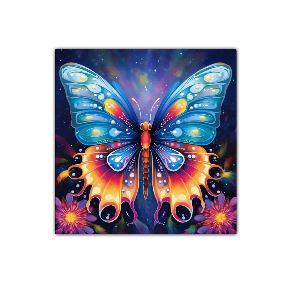 Mariposa vibrante entre flores con fondo estrellado