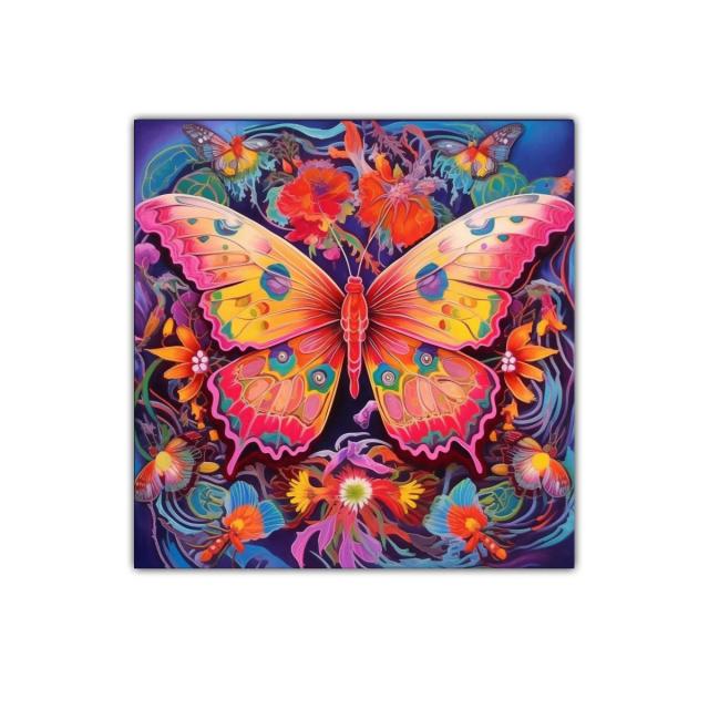 Mariposa multicolor rodeada de flores vibrantes y naturaleza