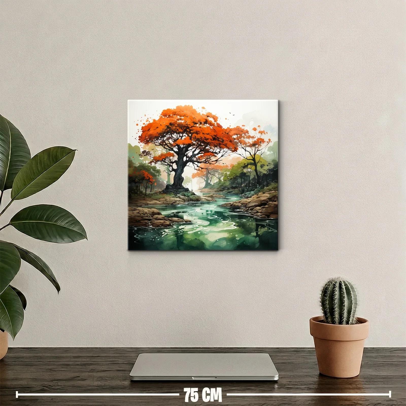 Árbol con follaje rojo sobre río sereno en paisaje natural — miniatura 2