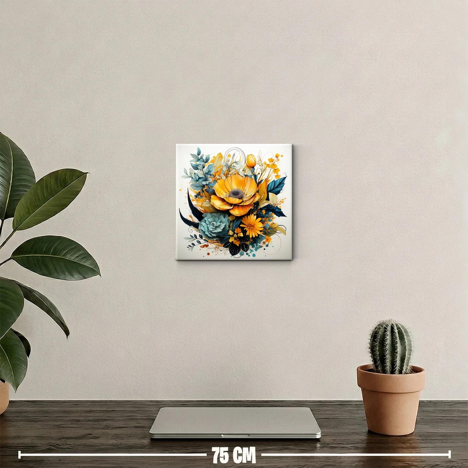 Cuadro floral vibrante con tonos amarillos y verdes azules — miniatura 2