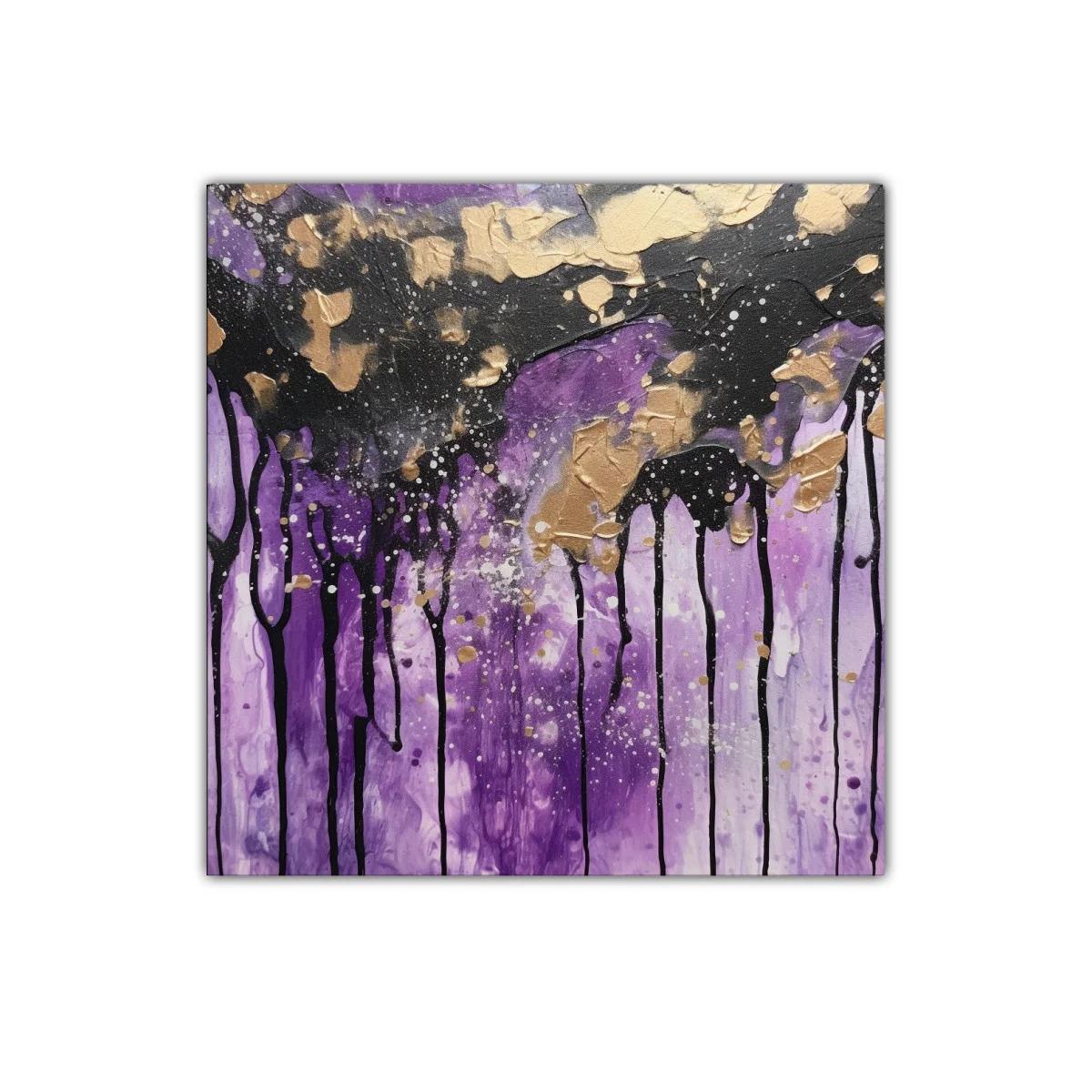 Cuadro abstracto con tonos violetas y detalles dorados