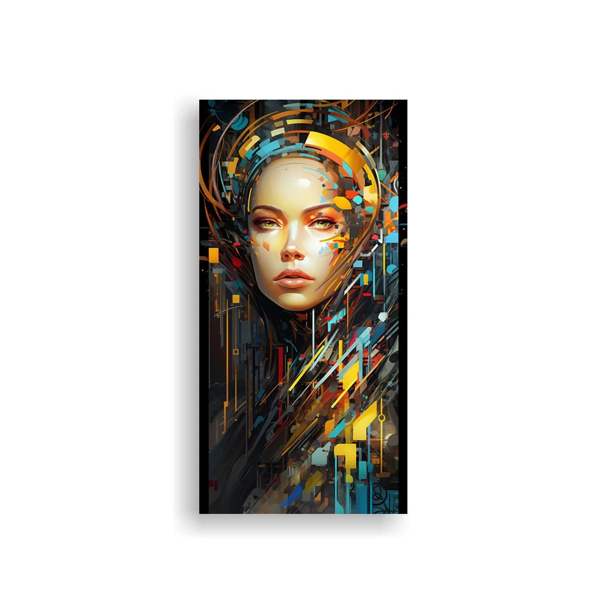 Cuadro rostro de mujer futurista con halo geométrico