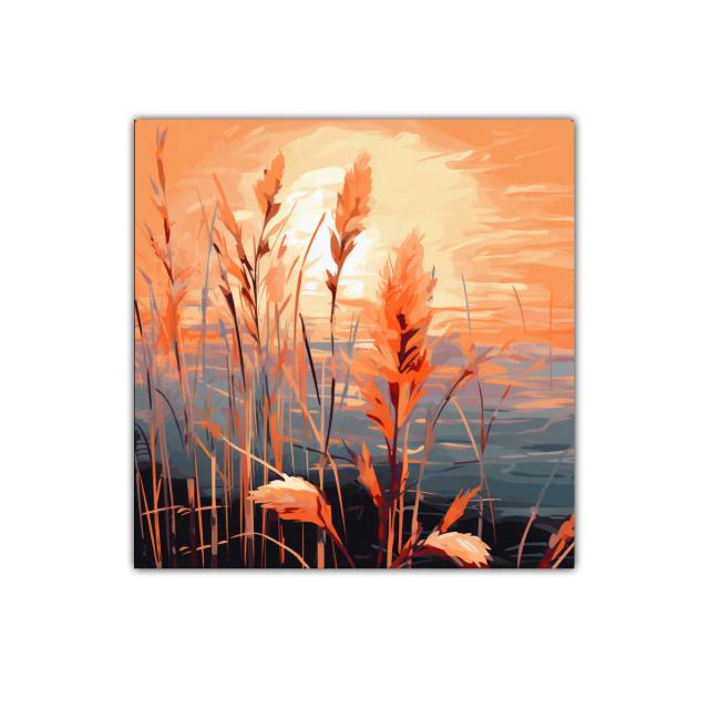 Atardecer con cañas doradas iluminadas por el sol