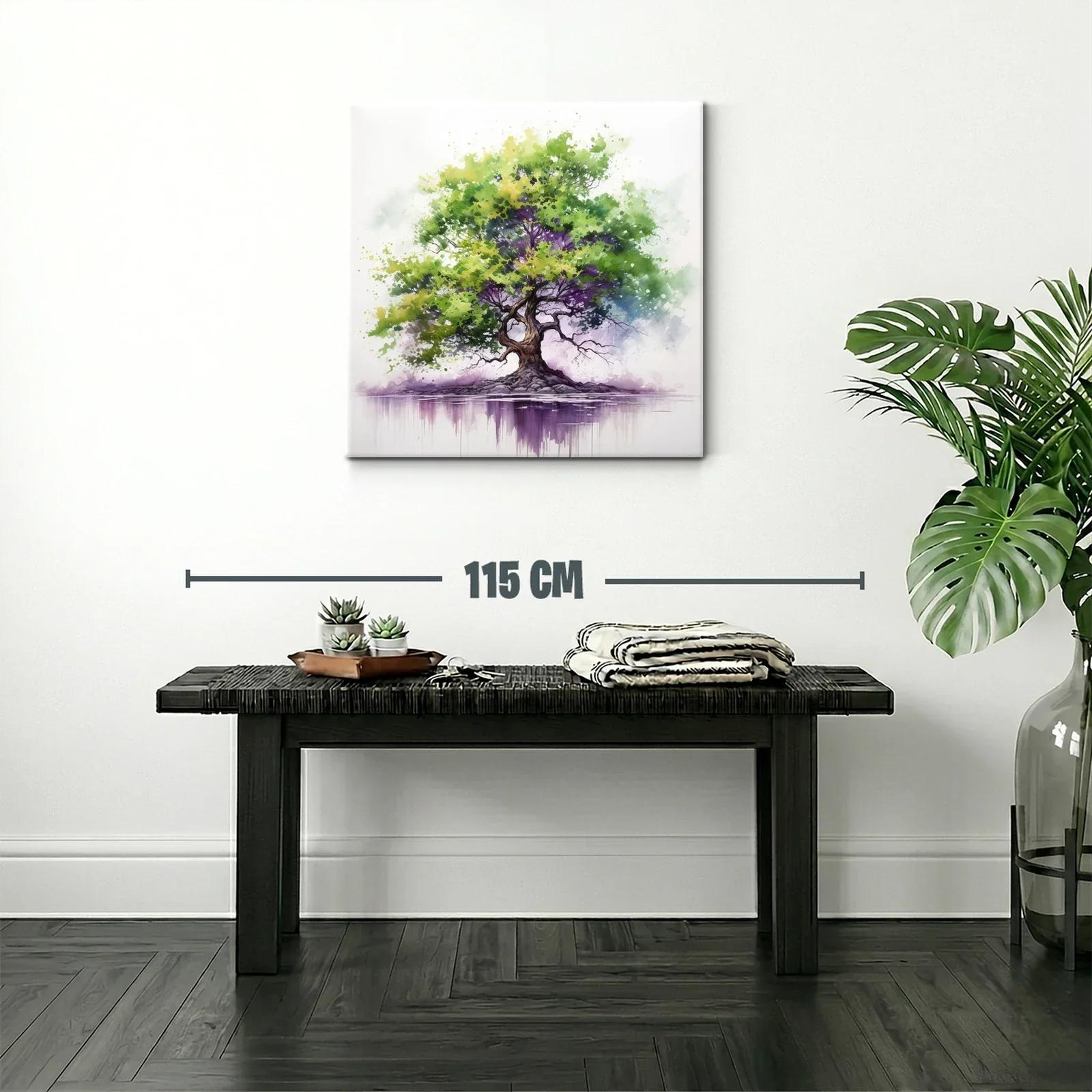 Árbol vibrante con tonos verdes y morados sobre reflejo acuático — miniatura 2