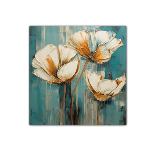 Cuadro decorativo con flores en tonos cálidos y fondo azul