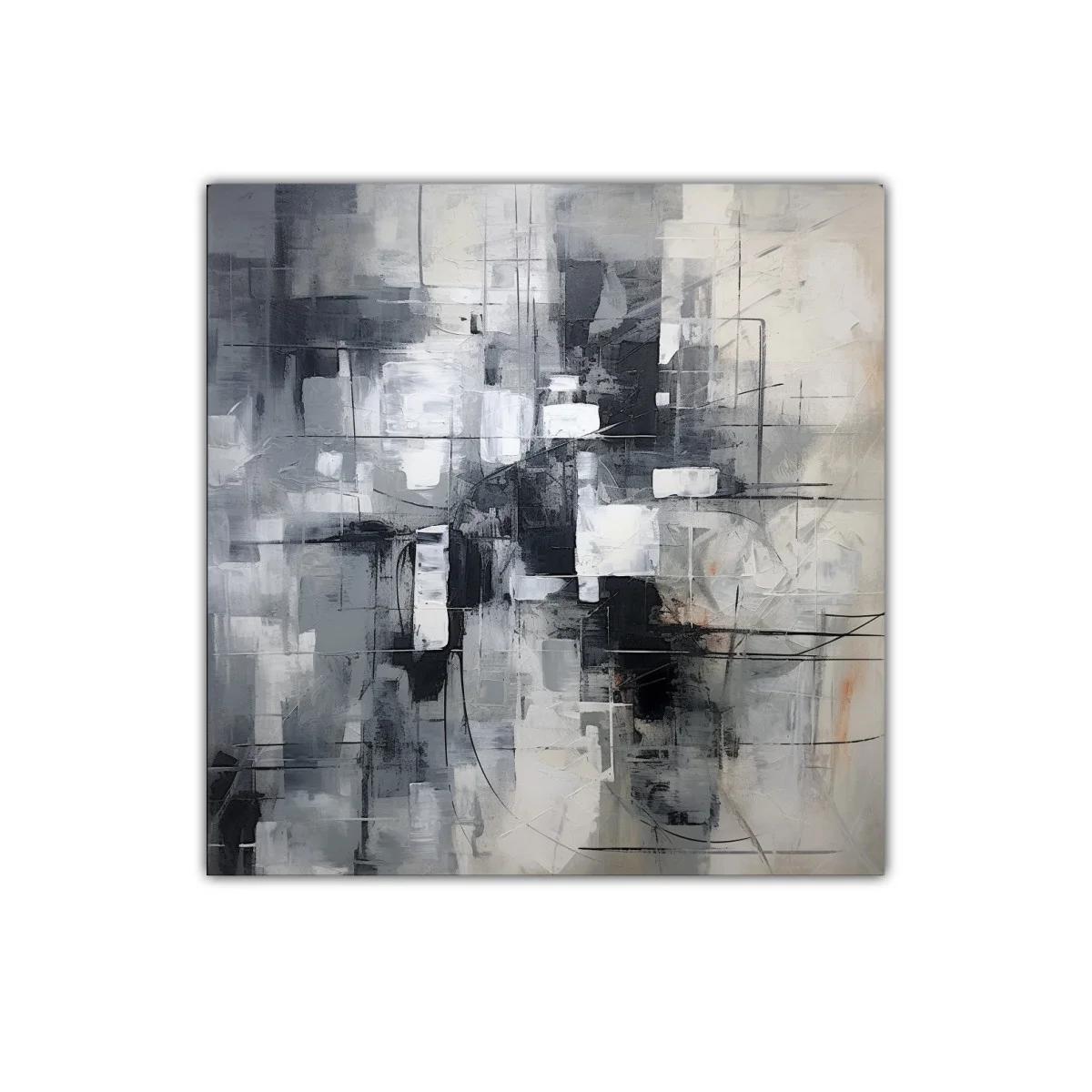 Cuadro abstracto en tonos grises con dinámicas líneas negras