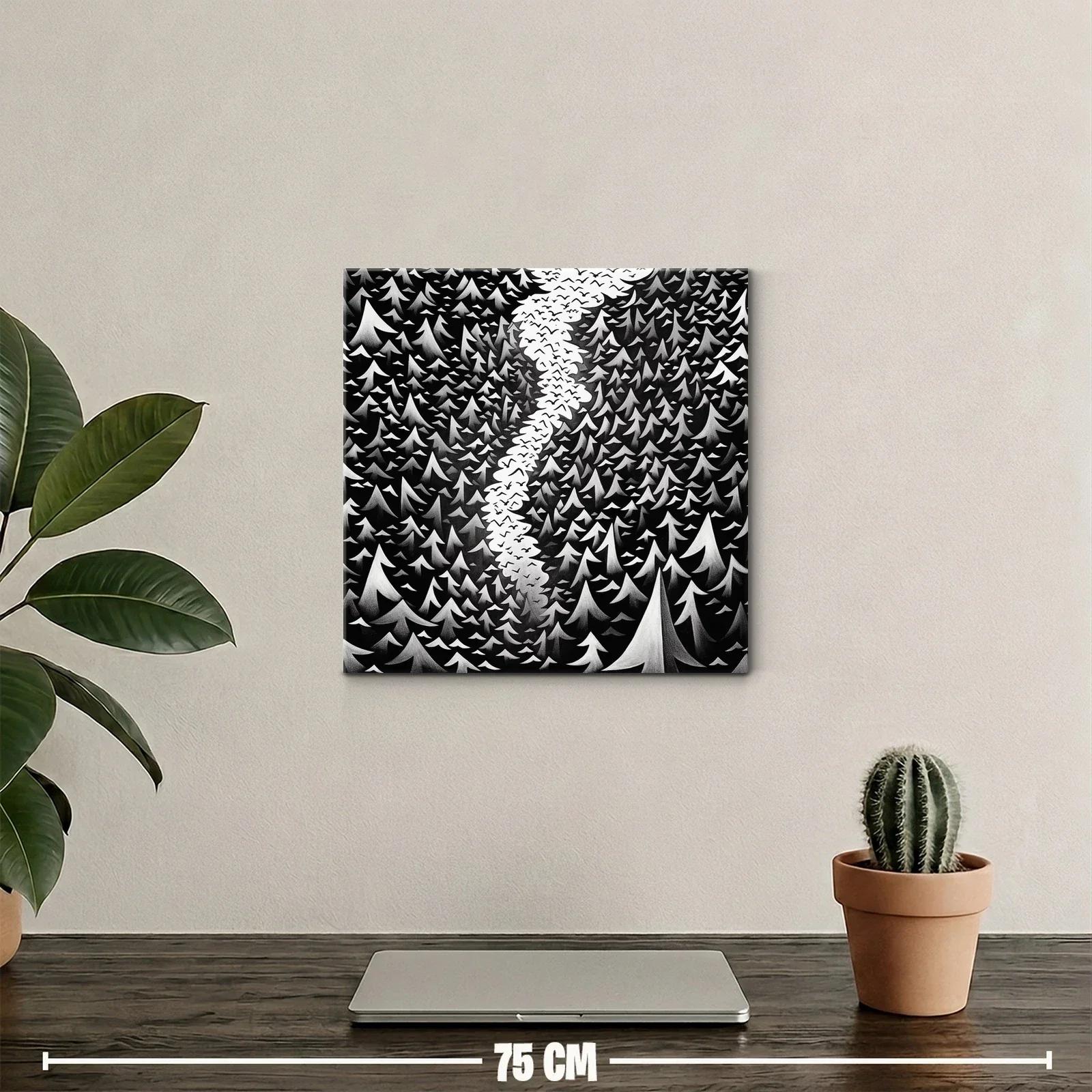 Bosque en blanco y negro con cielo lleno de aves — miniatura 2