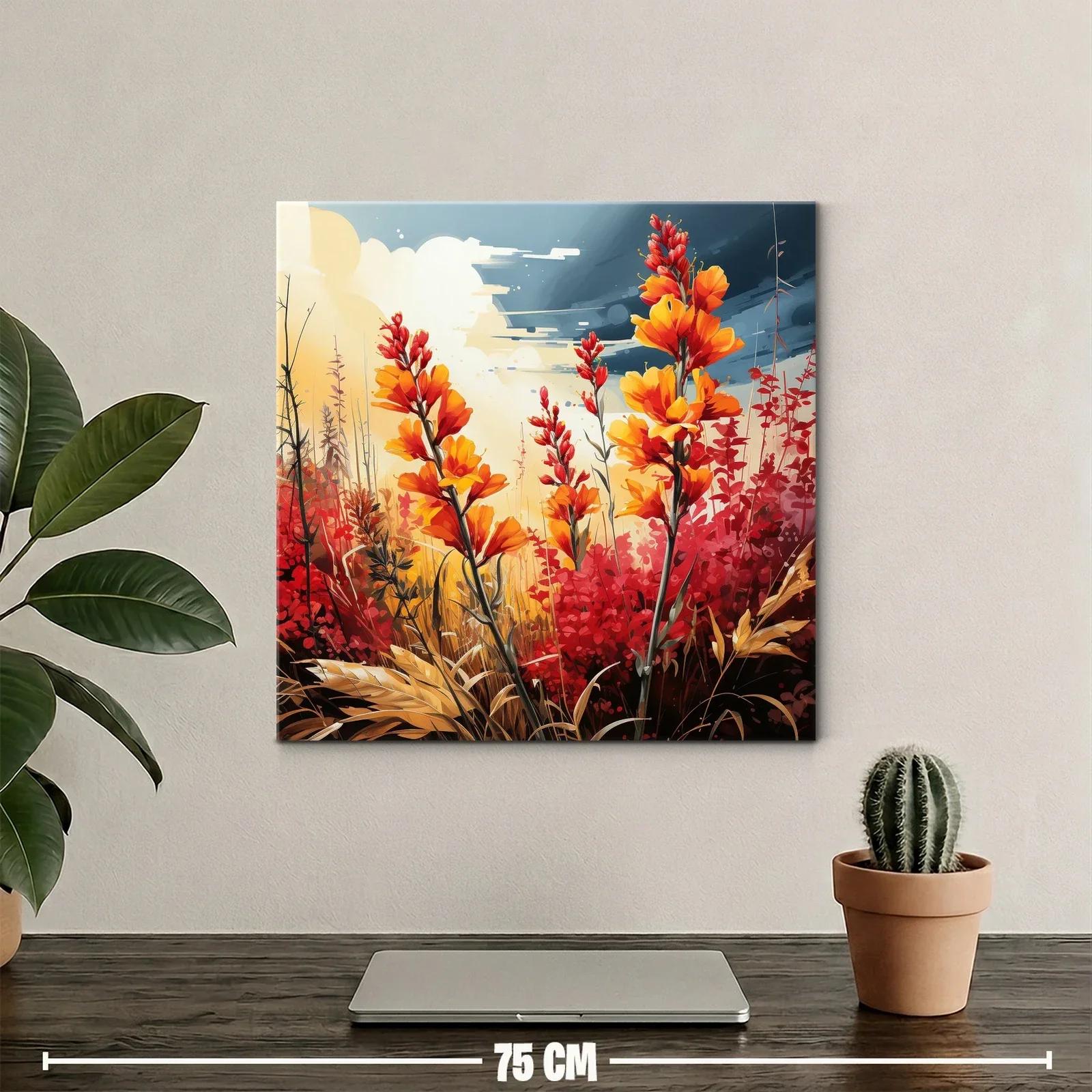 Cuadro con flores naranjas vibrantes y fondo dramático — miniatura 2