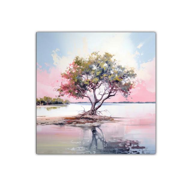 Árbol solitario en aguas tranquilas al atardecer