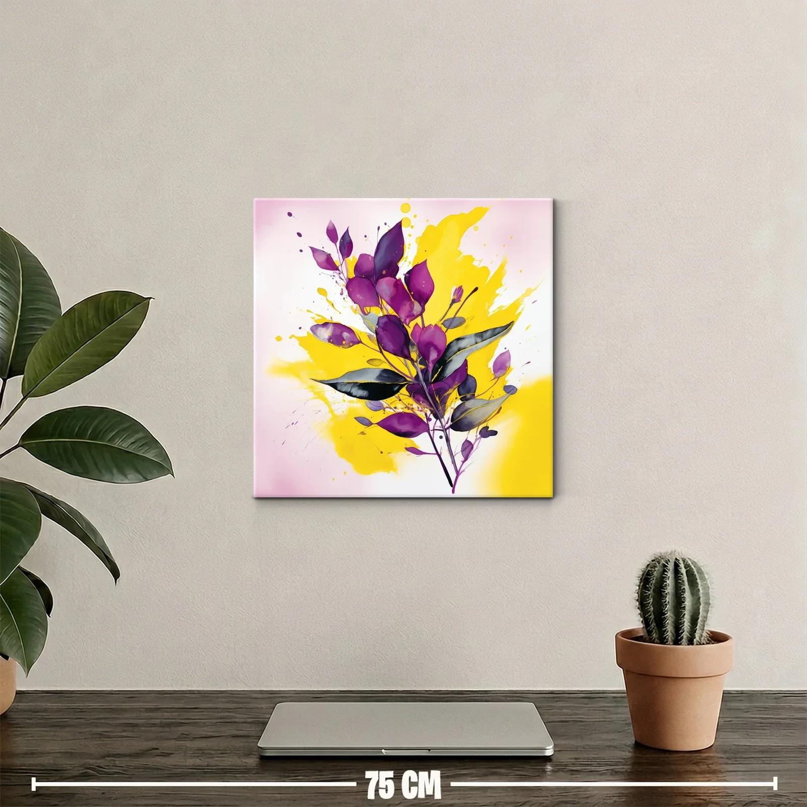 Cuadro moderno con hojas moradas y fondo amarillo vibrante — miniatura 2