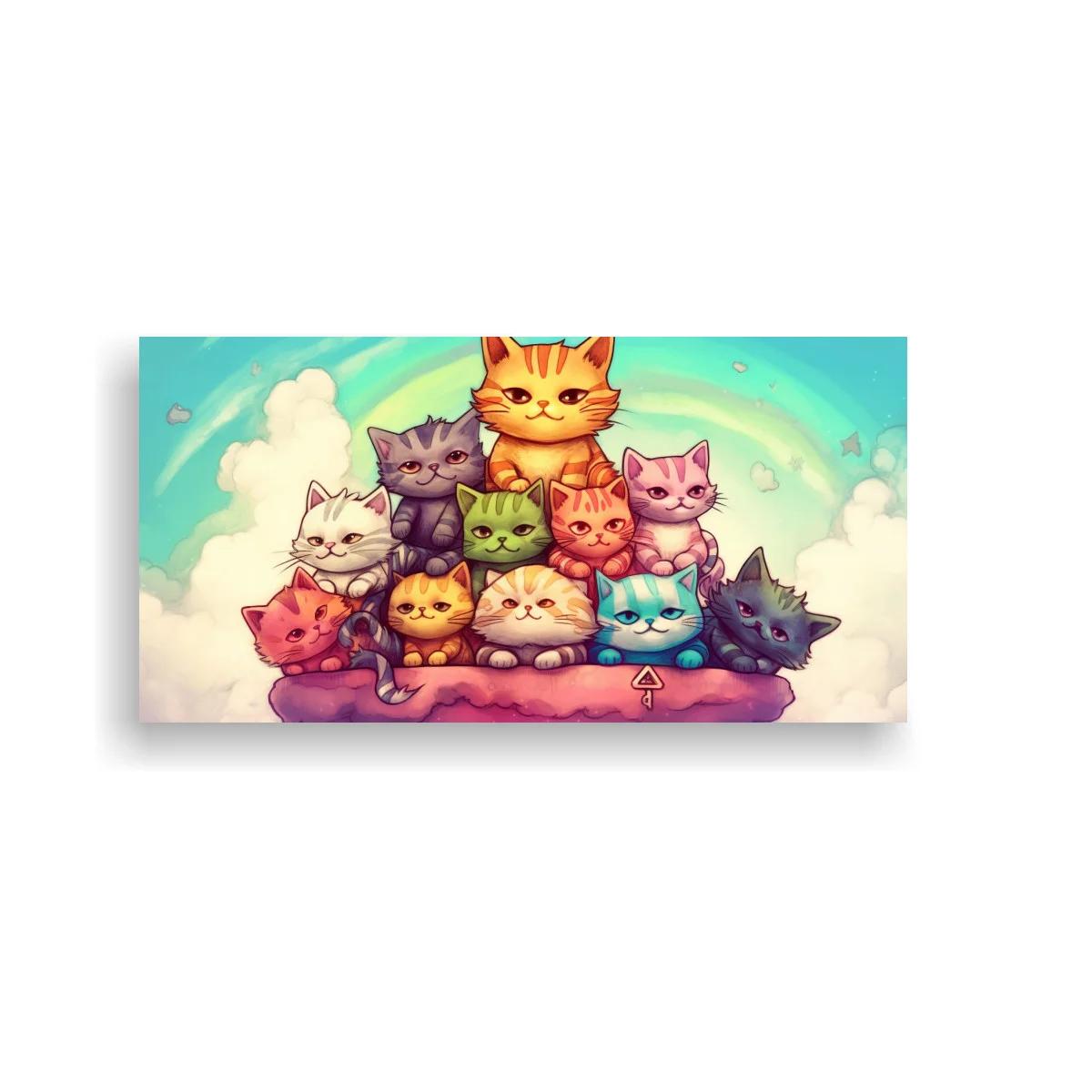 Cuadro grupo de gatos de colores rodeados de nubes y cielo luminoso