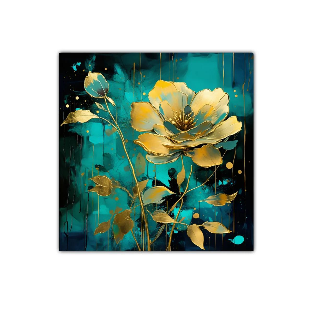 Flor dorada elegante sobre fondo azul turquesa vibrante