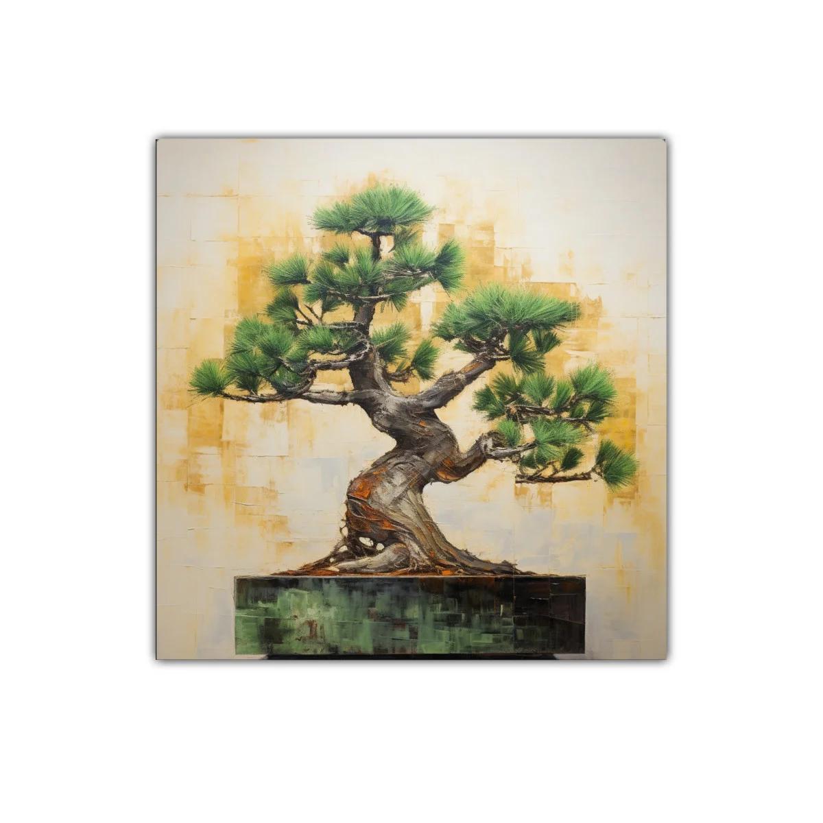 Bonsái con ramas verdes sobre fondo neutro cálido decorativo — imagen principal