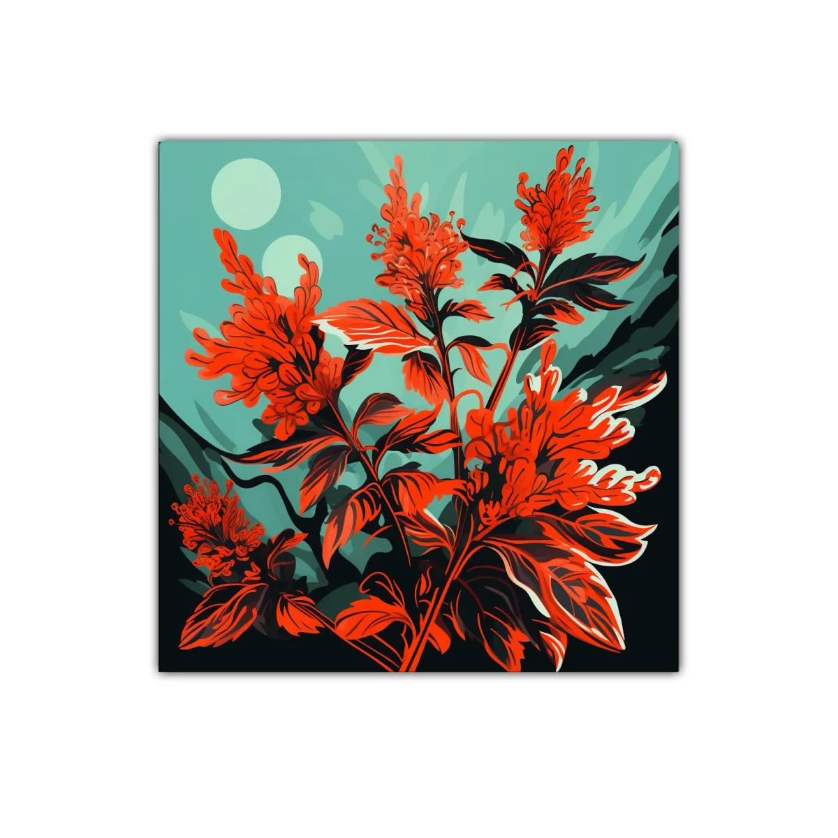 Cuadro floral vibrante con tonos rojos y verdes intensos