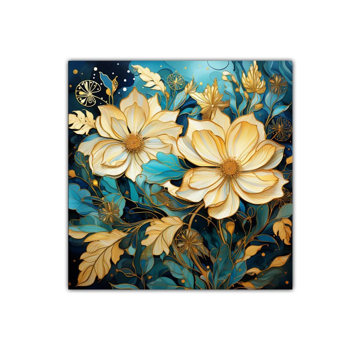 Cuadro floral elegante con tonos dorados y azules profundos — imagen principal