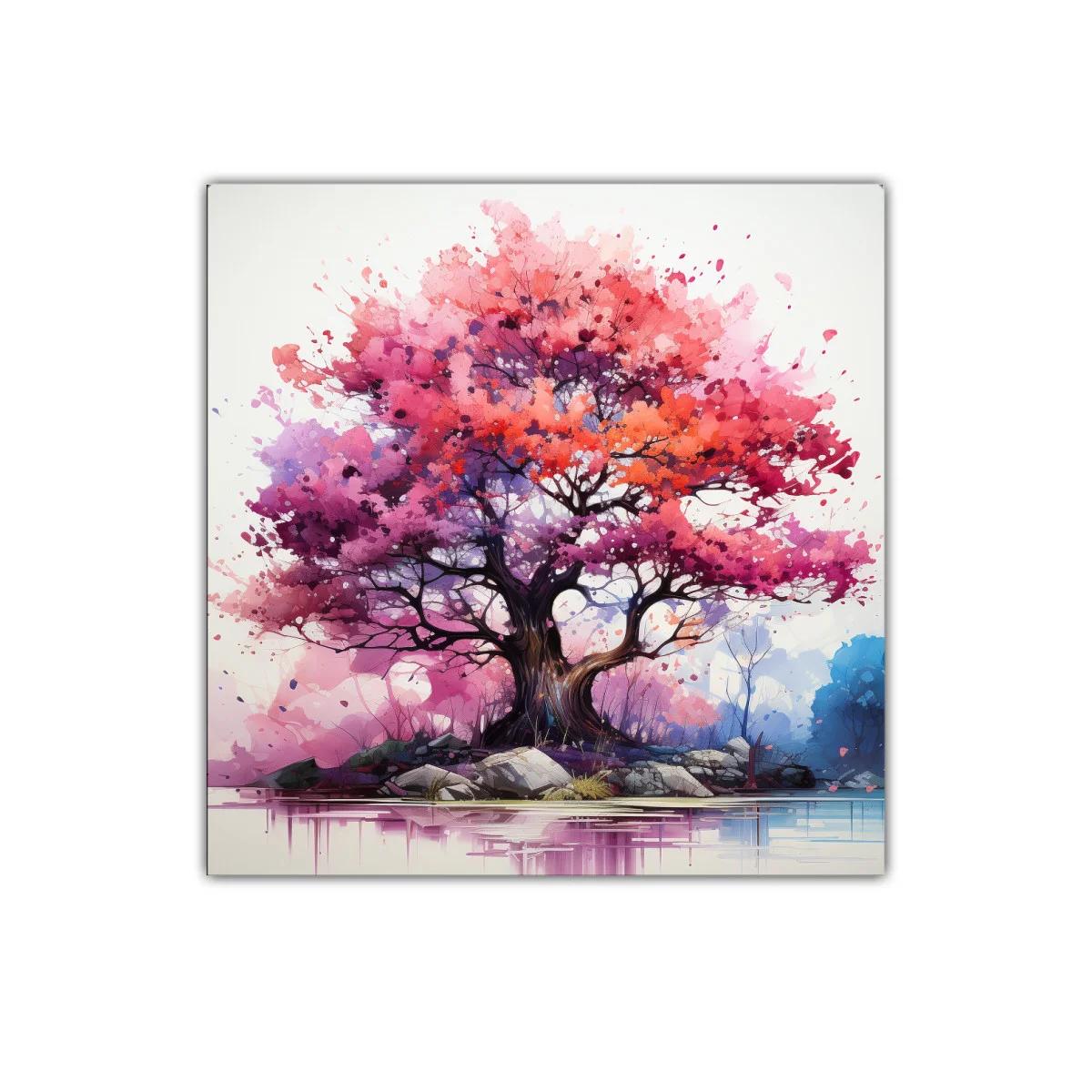 Árbol vibrante con tonos rosas y púrpuras sobre lago tranquilo — imagen principal