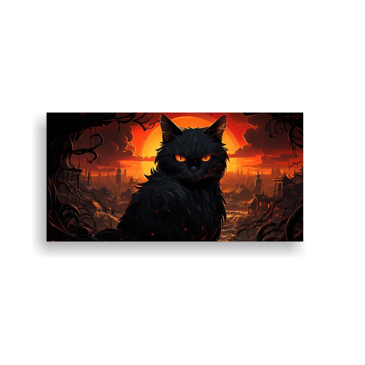 Cuadro gato negro de ojos naranjas enmarcado por ramas oscuras — imagen principal