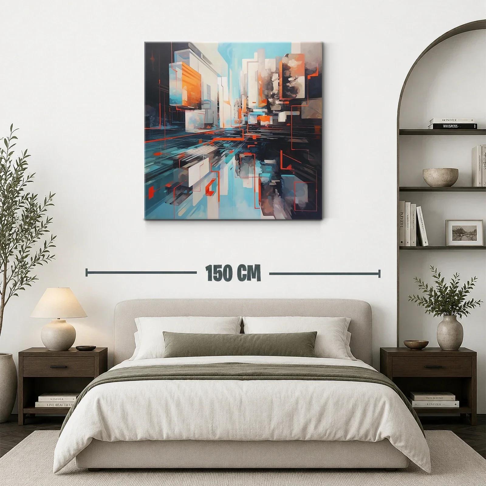 Cuadro abstracto urbano en tonos azules y naranjas vibrantes — miniatura 3
