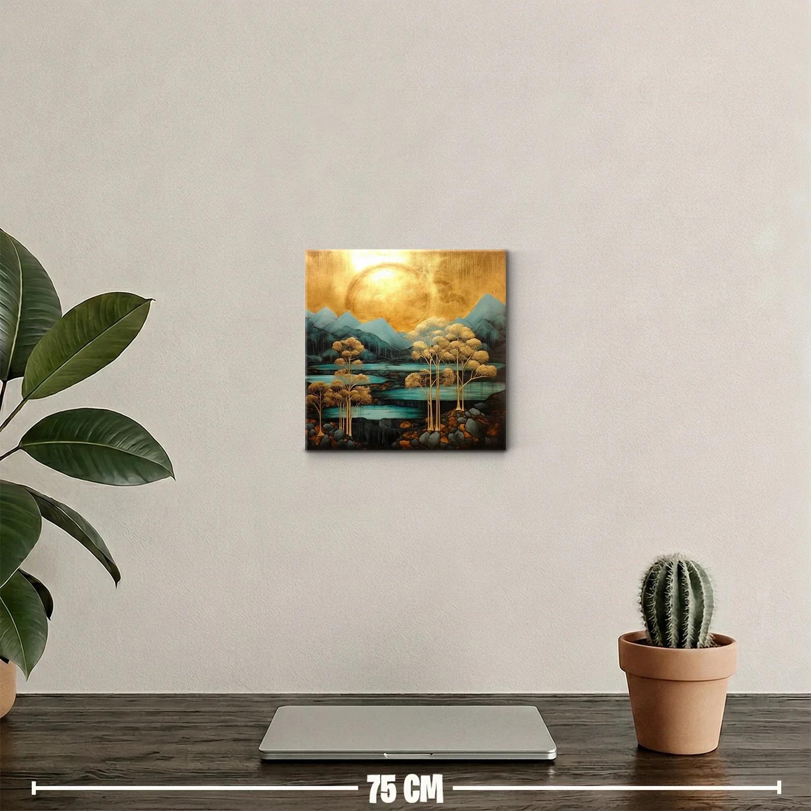 Paisaje estilizado con árboles dorados y montañas azules — miniatura 2