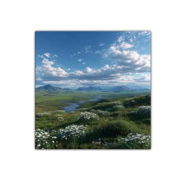 Paisaje campestre con flores blancas y cielo azul