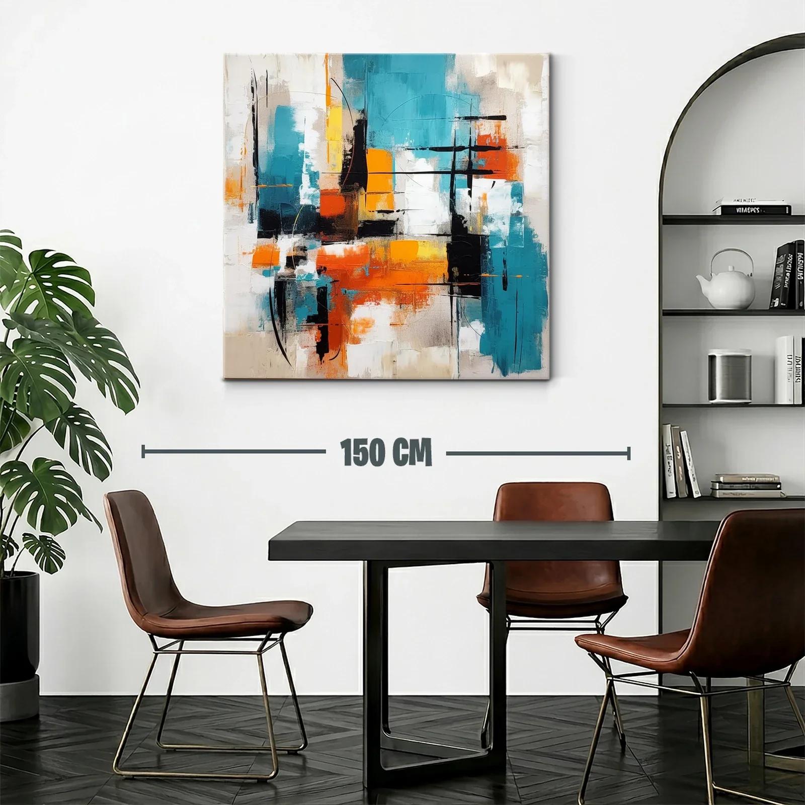 Cuadro abstracto vibrante con tonos turquesa y naranja — miniatura 2