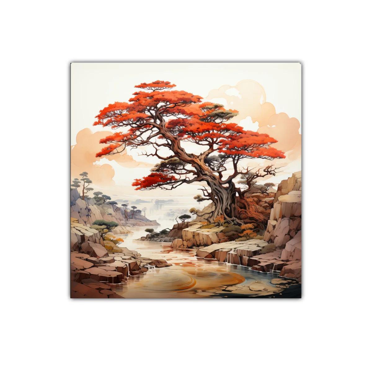 Árbol rojizo en paisaje sereno y rocoso