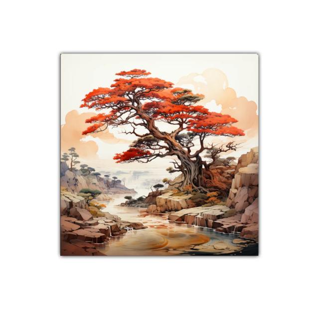 Árbol rojizo en paisaje sereno y rocoso