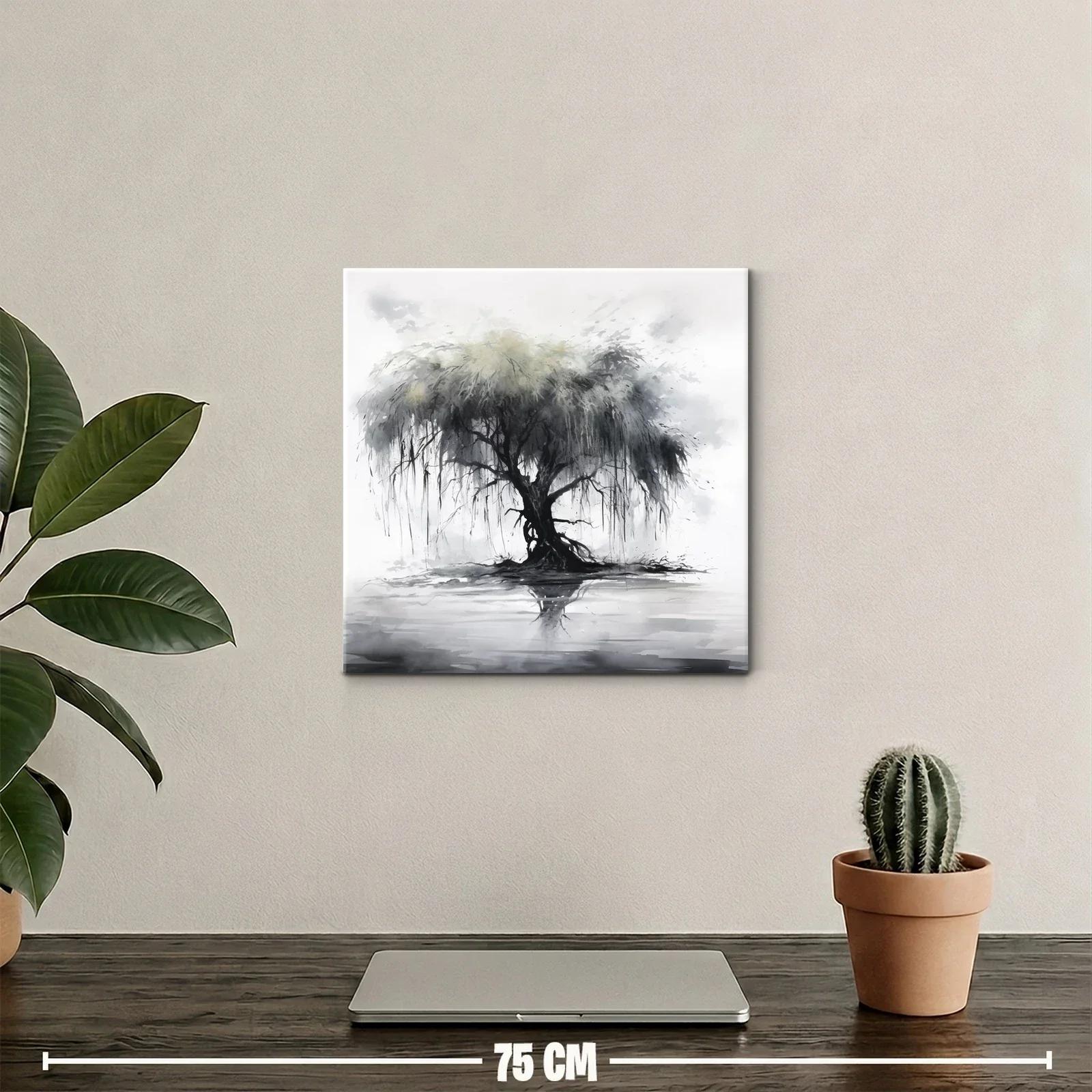 Árbol solitario con reflejo en tonos grises y suaves verdes — miniatura 2
