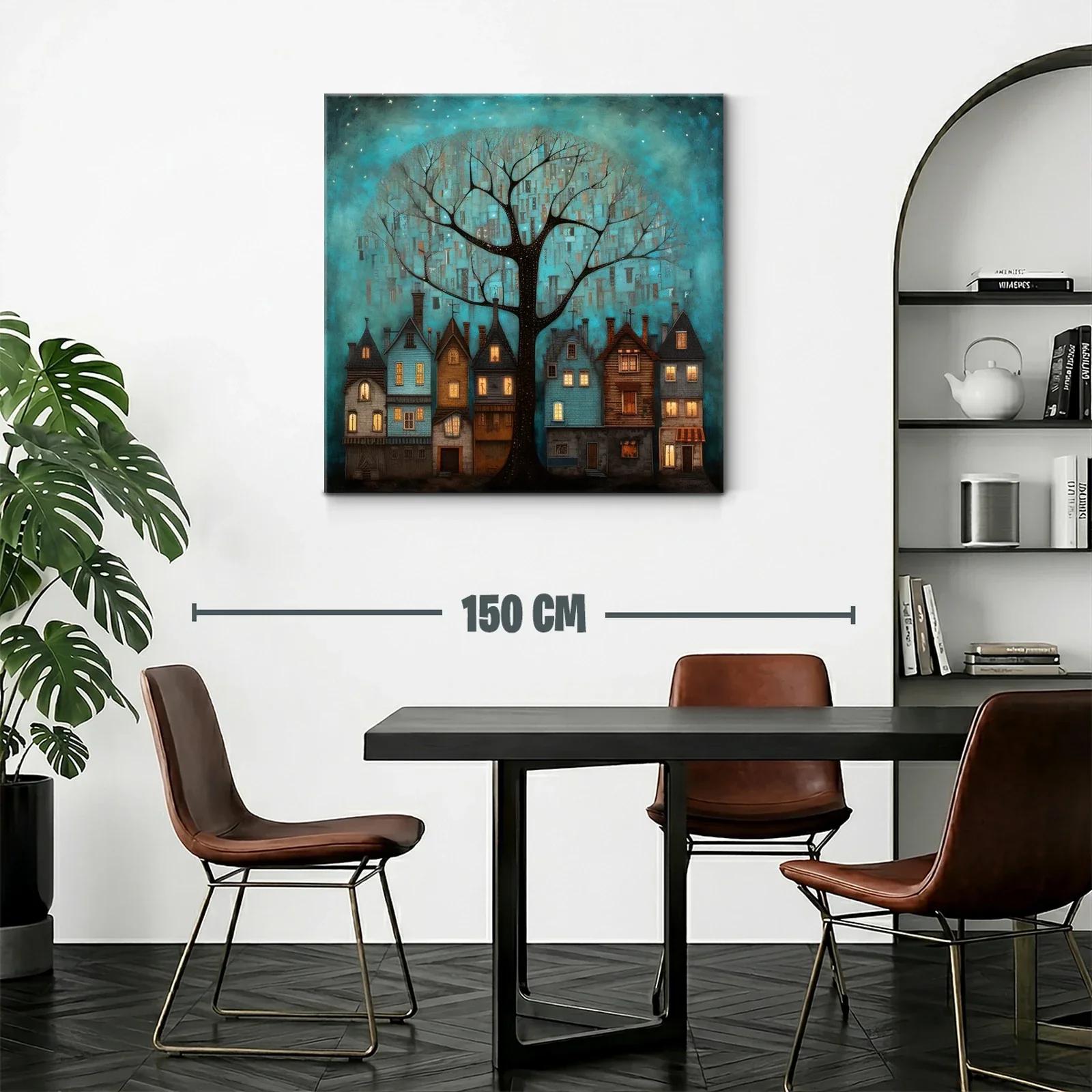 Encantador paisaje nocturno con casas y árbol iluminado — miniatura 2