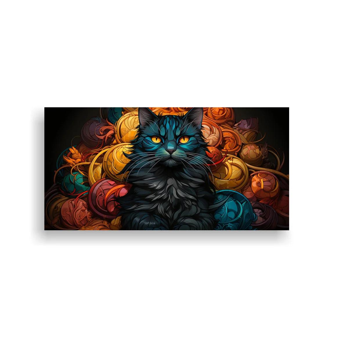 Cuadro gato negro de ojos azules con ovillos de lana