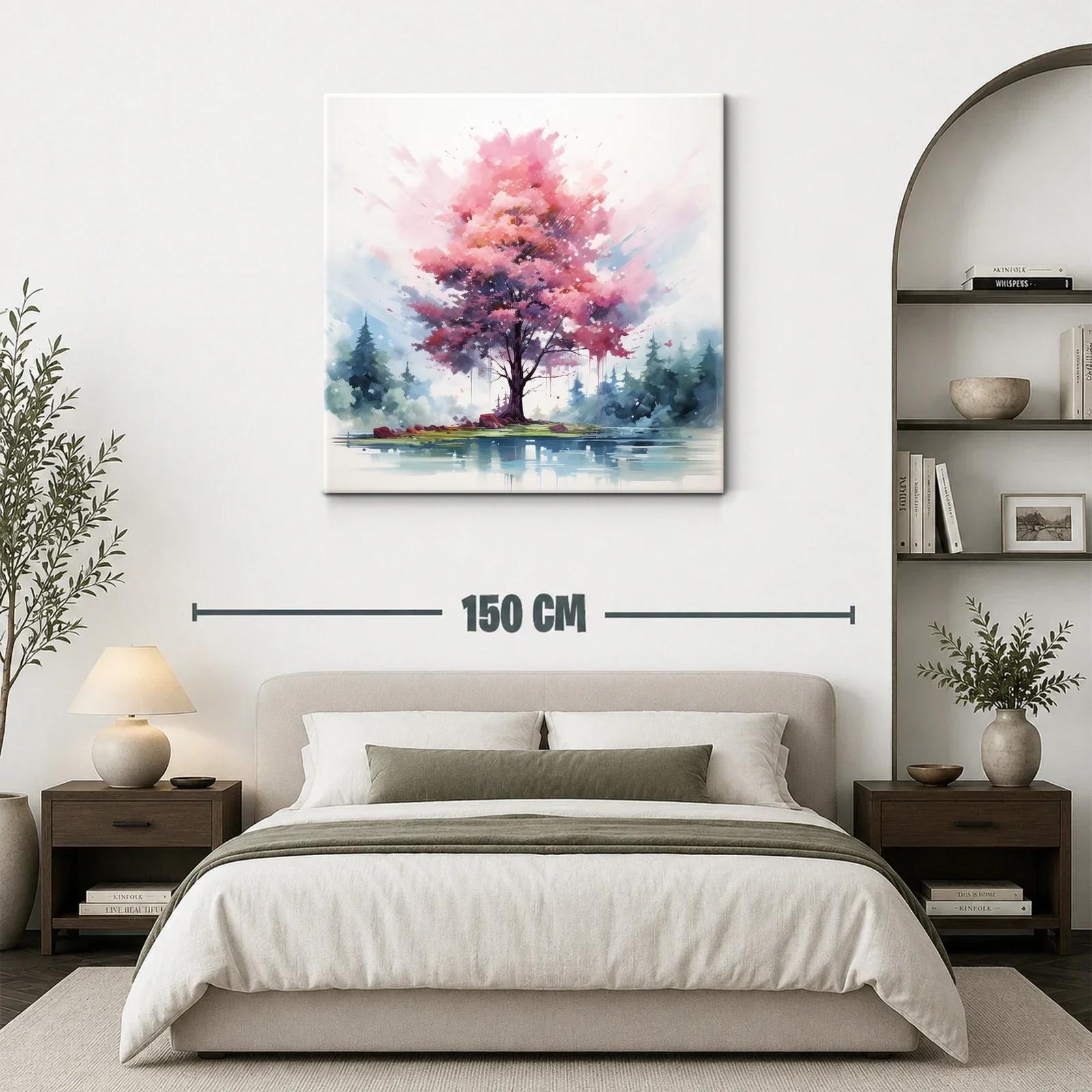 Árbol rosa vibrante junto a lago en paisaje sereno — miniatura 3