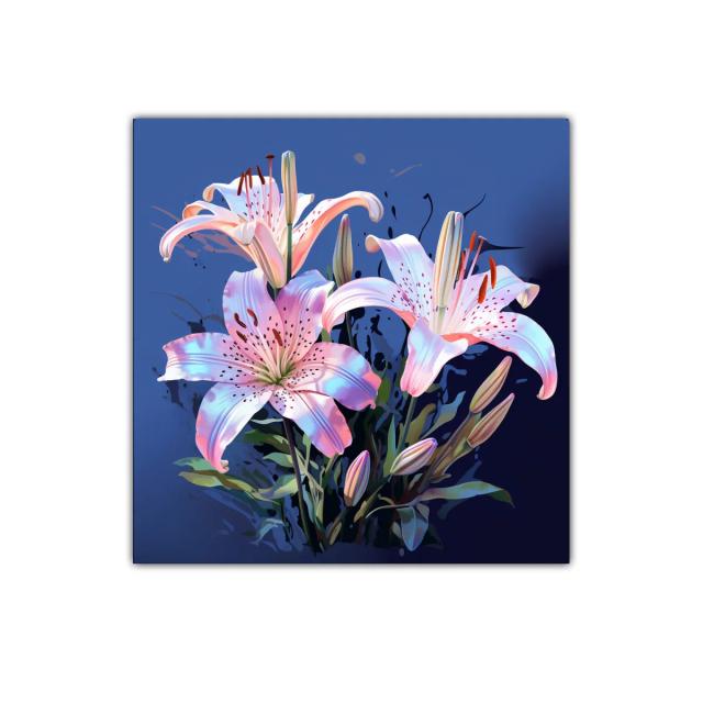 Cuadro decorativo con lirios blancos y tonos pastel sobre fondo azul