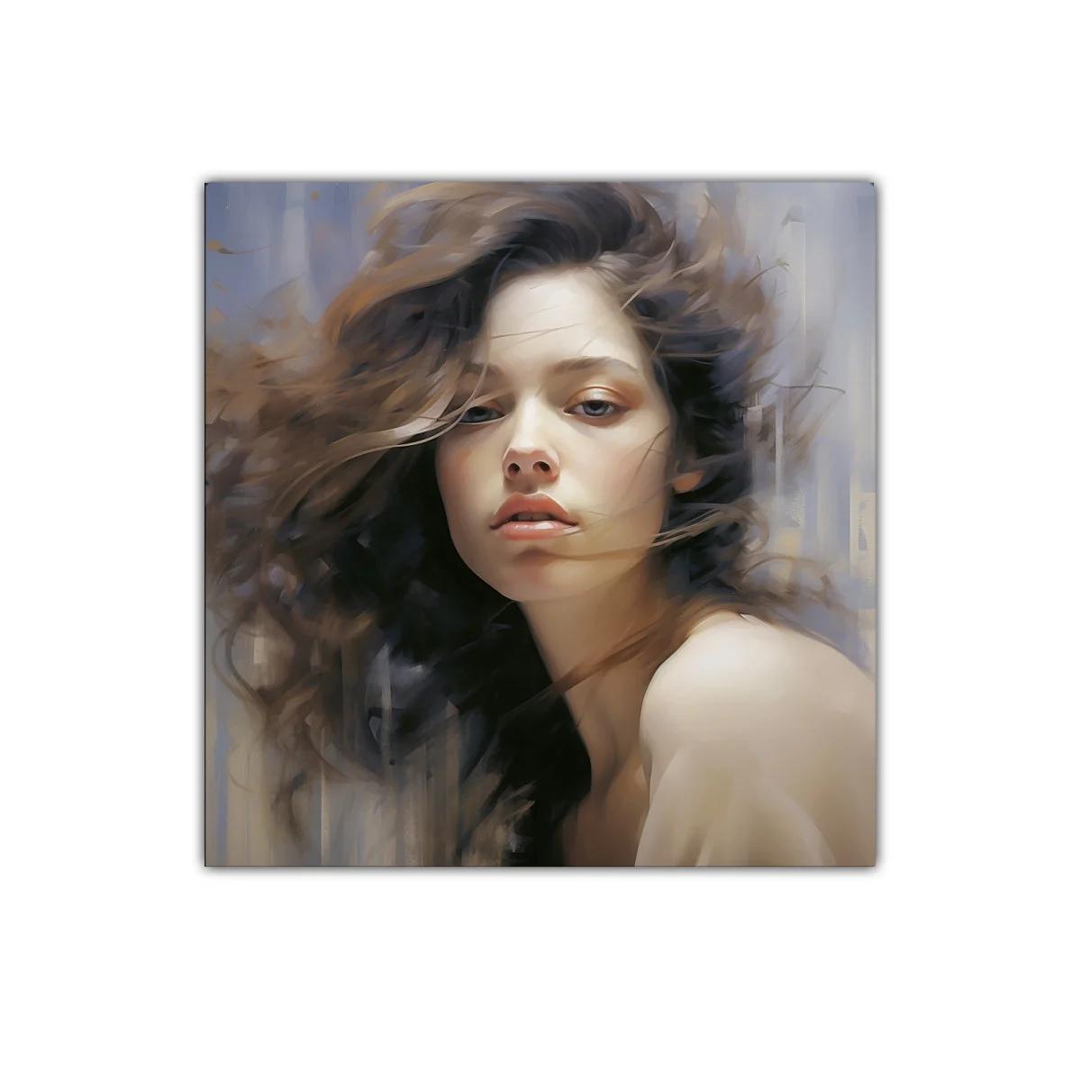 Retrato femenino expresivo con mirada intensa y melena al viento