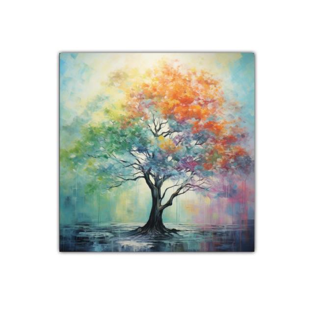 Árbol multicolor con ramas radiantes y fondo etéreo