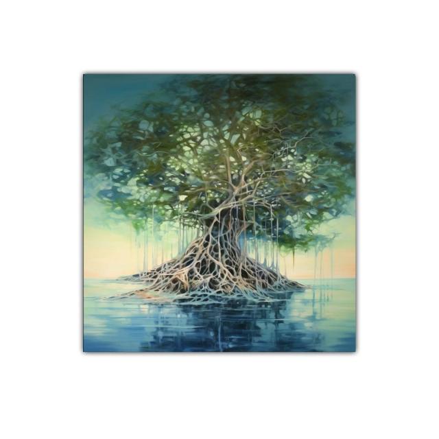 Árbol enraizado en agua con tonos suaves y verdes