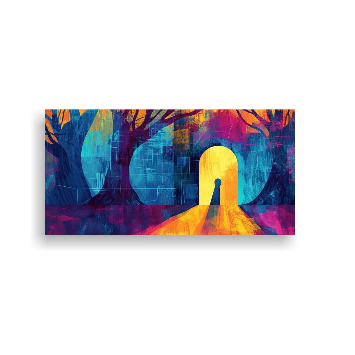 Cuadro puerta luminosa con sendero de luz y árboles oscuros