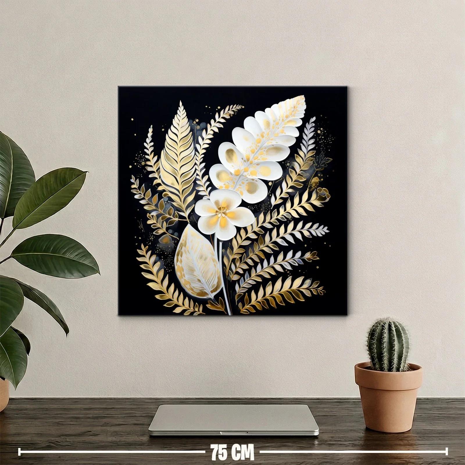 Elegancia botánica en tonos dorados y blancos sobre fondo negro — miniatura 2