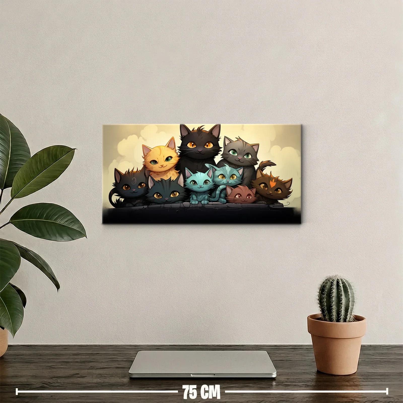 Cuadro grupo de gatos con figura negra alta detrás — miniatura 2
