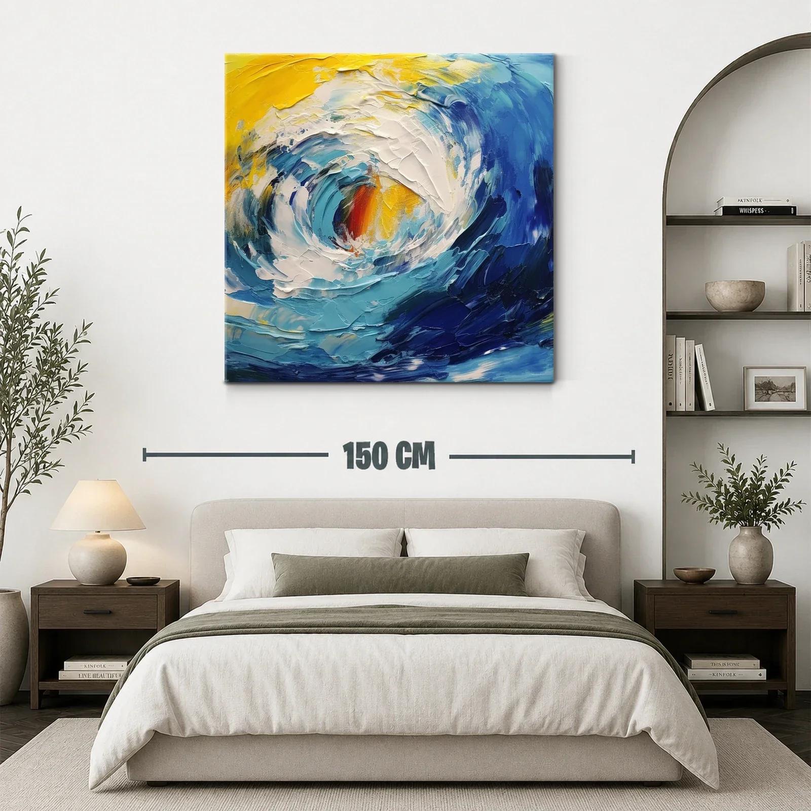 Cuadro abstracto de oleaje dinámico en tonos azul y amarillo — miniatura 3