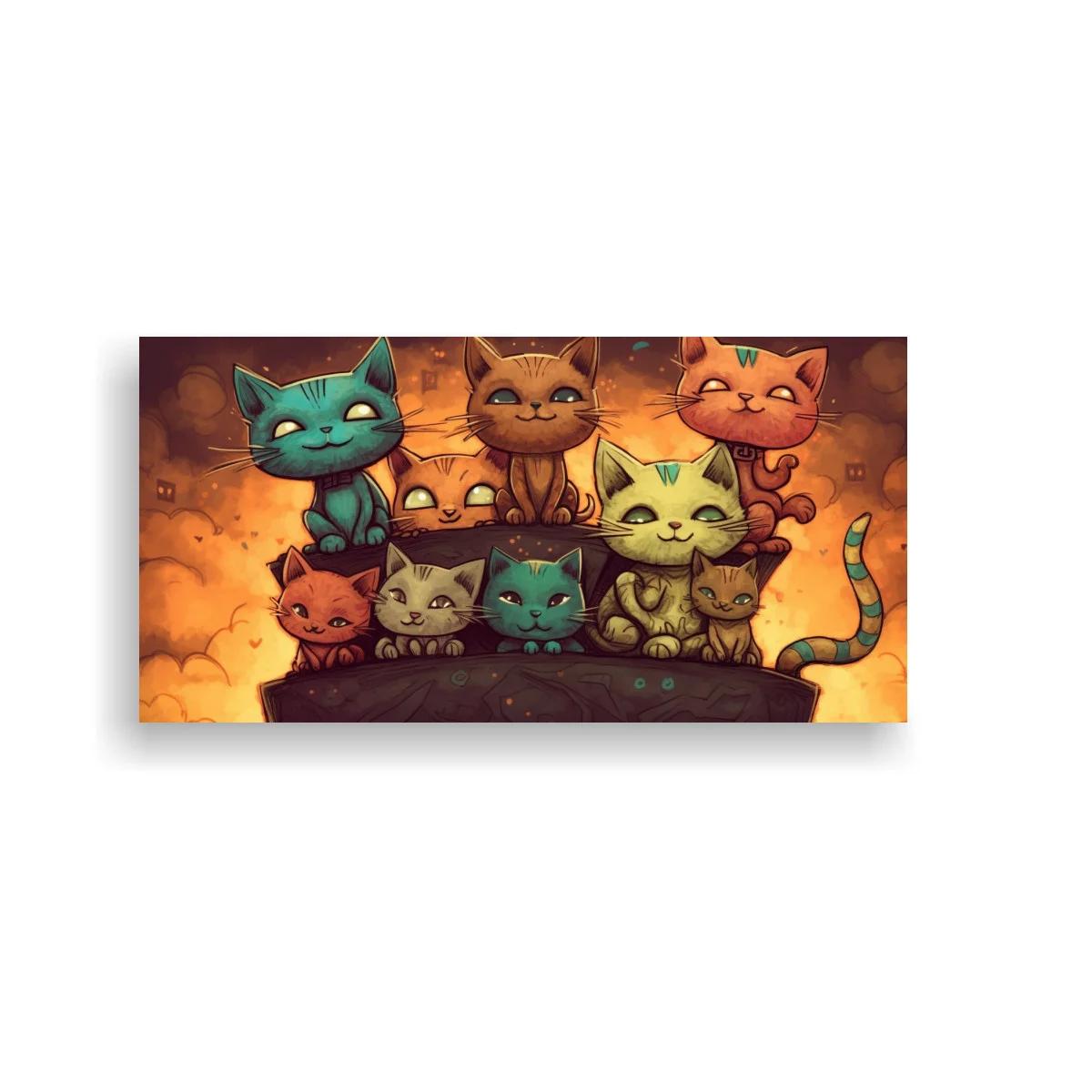 Cuadro grupo de gatos caricaturescos con colas visibles