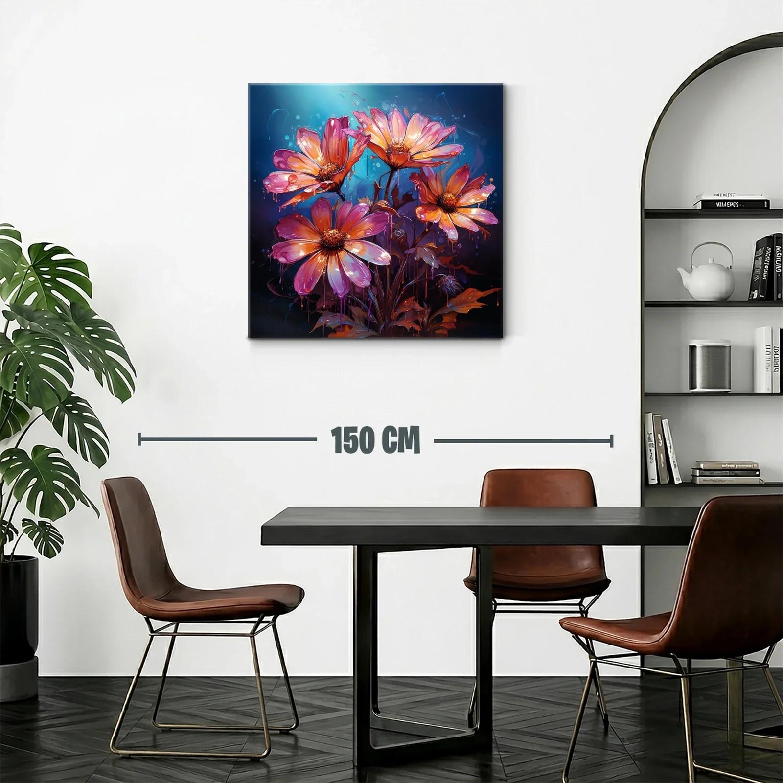 Cuadro floral vibrante con tonos cálidos y fondo azul oscuro — miniatura 2