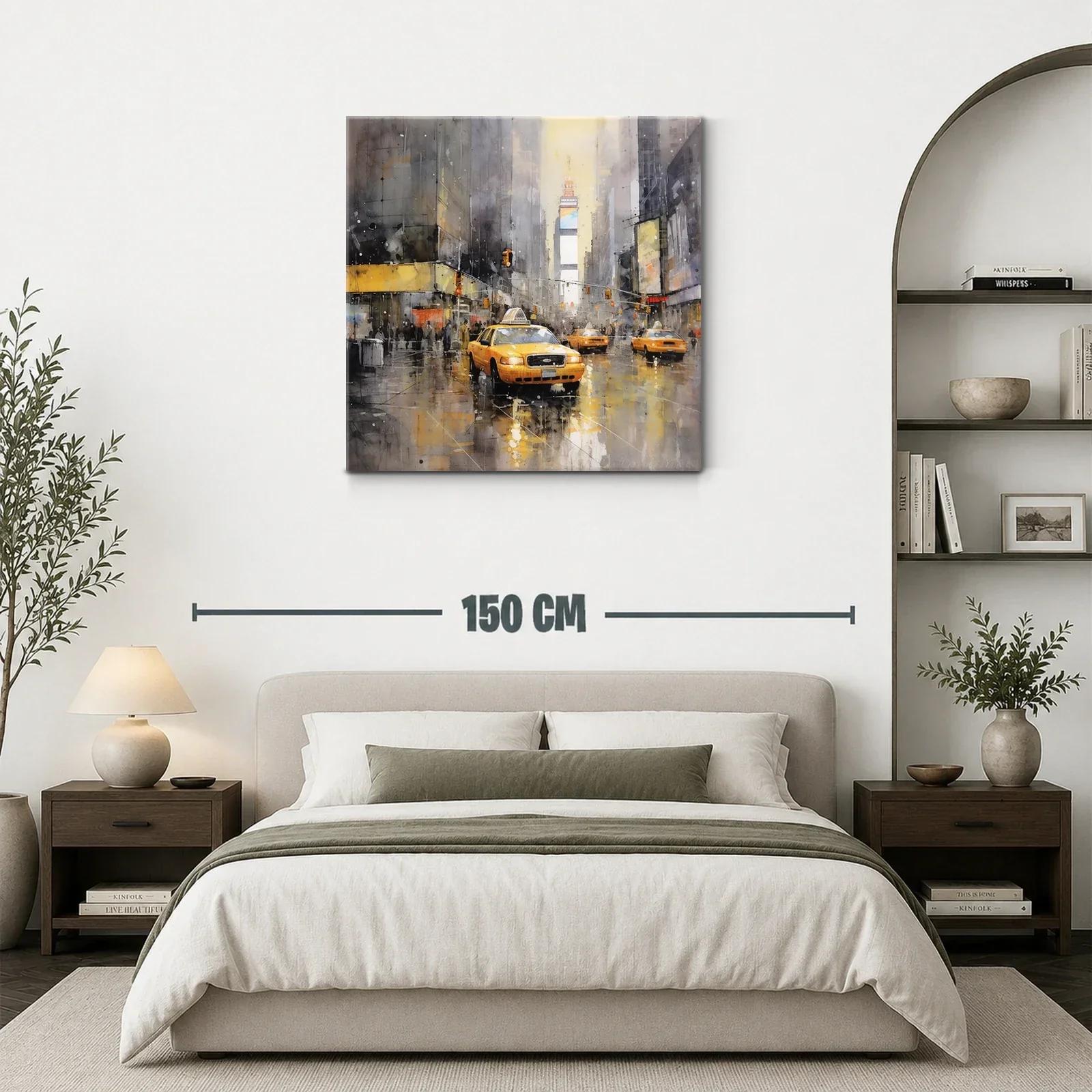 Cuadro urbano con taxis amarillos y reflejos en la lluvia — miniatura 3
